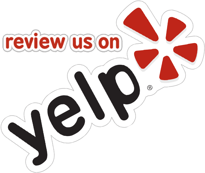 Graphic promoting Yelp reviews with the text 'review us on yelp' and the Yelp logo.
